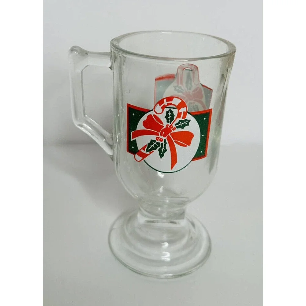 Christmas Mugs Set 4 HOMCO Boxed Clear Glass Footed‎ Candy Cane 8770-BD USA Made